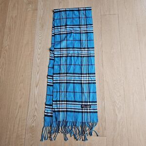 100% Cashmere Scarf Turquoise B&W Plaid Tartan Fringe Made in Scotland Lux EUC